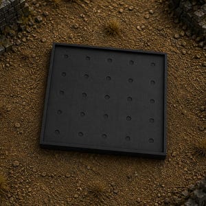 May include: A square black display tray featuring a grid of twenty-five circular indentations arranged in five rows and five columns. The tray has a raised border and a flat, matte surface, providing a structured base for organizing small items.