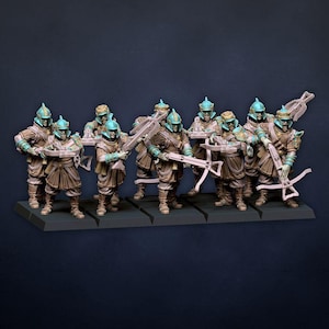 May include: A group of ten miniature figurines arranged in two rows on a rectangular black base. Each figure wears brown textured armour with teal accents and a matching teal helmet, and holds a crossbow in a firing position with both hands.