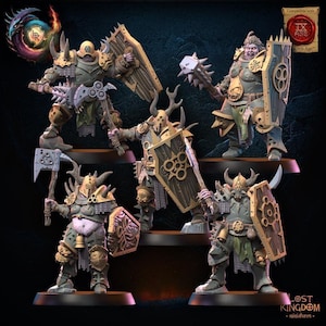 May include: A set of five fantasy warrior miniatures in green and tan armour, each holding a large wooden shield and a weapon such as a mace or axe. The figures feature horned helmets, chainmail details, and exposed skin, standing on circular bases.