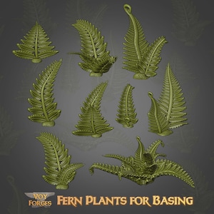 Può includere: Una collezione di nove piante di felce in miniatura color verde oliva per basette, con varie forme e dimensioni di fronde e texture fogliari dettagliate. Il testo in basso recita VOY FORGES FERN PLANTS FOR BASING in un carattere dorato.