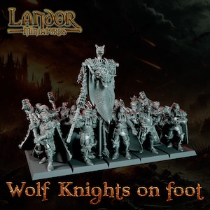 以下が含まれることがあります： Landor Miniatures Wolf Knights on footと題された、未塗装の灰色のミニチュアフィギュアのセット。メイスを持った鎧姿の戦士たちと、オオカミの頭部が飾られ、布地にオオカミの紋章が描かれた中央の旗が特徴です。