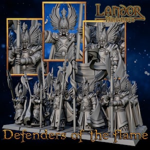 May include: A collection of grey miniature figurines depicting armoured warriors with winged helmets and polearms. The text "Landor Miniatures" and "Defenders of the flame" are visible.