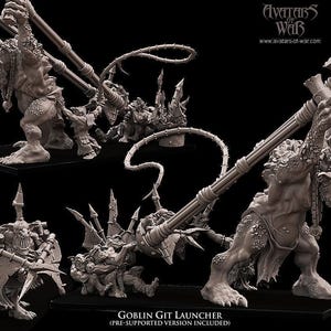Può includere: Un set di miniature grigie intitolato Goblin Git Launcher di Avatars of War. Il set presenta diverse figure di goblin che manovrano una grande arma a catena con palla chiodata montata su un telaio, con texture dettagliate sulla pelle.