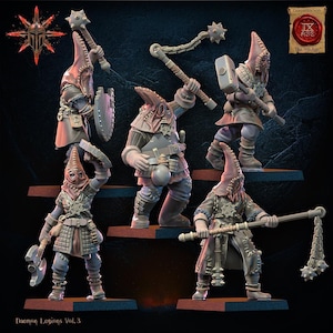 Könnte beinhalten: Eine Sammlung von Miniaturfiguren der Daemon Legions Vol. 3. Die Figuren tragen Kapuzen und Rüstungen und führen verschiedene Waffen wie Streitkolben, Äxte und Schilde. Die Farbpalette ist hauptsächlich Grau und Braun, mit einigen roten Akzenten.