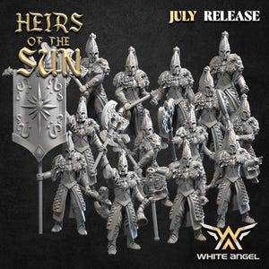 Op de afbeelding: Een verzameling grijze miniatuur krijgersfiguren getiteld Heirs of the Sun July Release. De figuren dragen versierde helmen, schouderharnas met leeuwenthema en dragen bijlen of een grote banier met een sterembleem. White Angel logo is inbegrepen.