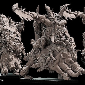 May include: A grey resin miniature of a Savage Orc Warlord riding a boar, featuring three variations: one with an optional shield, one with a central view, and one with an optional second weapon. The text reads Avatars of War, Savage Orc Warlord on Boar.
