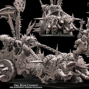 Puede incluir: Una miniatura de resina gris de un carro de jabalíes orco con dos jabalíes tirando de un carro con pinchos y dos jinetes orcos. El set incluye un estandarte, lanzas y una figura opcional de un enano berserker prisionero. Texto Avatars of War.