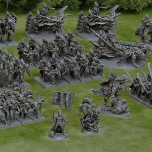 Può includere: Una collezione di miniature fantasy grigie disposte in diversi gruppi su basi rettangolari. Il set include soldati di fanteria con lance e spade, cavalleria montata su creature, unità di carri e modelli di personaggi individuali.