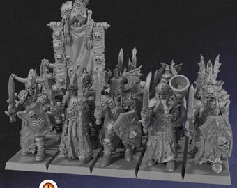 May include: A set of grey miniature figures depicting skeletal warriors in armor, carrying swords and shields with skull motifs. One figure holds a large banner featuring skulls. The text MONSTROUS ENCOUNTERS and a website URL are at the bottom.