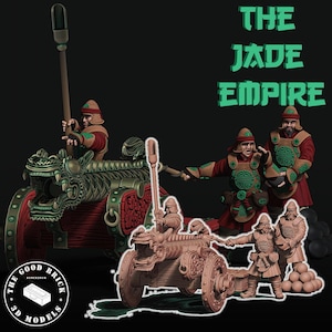 Könnte beinhalten: Detailliertes Bild von Miniaturfiguren und einer Kanone, alle in einem rotbraunen Farbschema mit grünen und goldenen Akzenten. Die Figuren sind in traditioneller Kleidung gekleidet. Der Text "THE JADE EMPIRE" wird in Grün angezeigt. Das Logo von The Good Brick 3D Models befindet sich unten links.