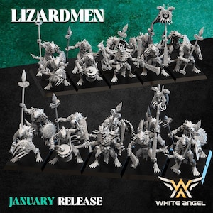 May include: A collection of unpainted grey miniature lizard-like warrior figures arranged in two rows on black rectangular bases. The figures hold spears, shields, and drums, with one figure carrying a banner. Text reads LIZARDMEN JANUARY RELEASE.
