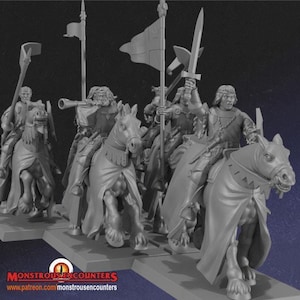 May include: A set of gray unpainted miniature figures depicting mounted knights on horseback. The riders wear armor and carry swords, banners, and a trumpet. The base of the image features the text MONSTROUS ENCOUNTERS and a website URL.