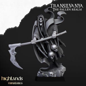 May include: A grey miniature figure of a hooded skeleton reaper holding a large scythe with a weathered blade. The figure wears tattered robes and has three small skulls hanging from its waist. Text reads: TRANSILVANYA THE FALLEN REALM HIGHLANDS MINIATURES.