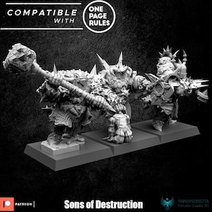 May include: Three grey miniature fantasy warrior figures standing on square bases. The left figure holds a large spiked hammer. The center figure has horns and a beard. The right figure wears spiked armor. Text reads COMPATIBLE WITH ONE PAGE RULES.