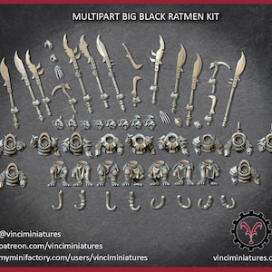 Może przedstawiać: Wieloczęściowy zestaw miniaturowych figurek i broni, w tym miecze, włócznie, zbroje i części ciała. Zestaw przeznaczony jest do gier stołowych lub budowy modeli. Tekst "MULTIPART BIG BLACK RATMEN KIT" znajduje się na górze.
