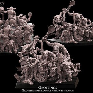 Peut inclure: Trois figurines miniatures de créatures grotesques, chacune sur une base noire. Les figurines sont dans diverses poses, certaines maniant des armes. Le texte "GROTLINGS" et "GROTLING BASE EXAMPLE #1" est visible.