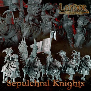 Könnte beinhalten: Ein Set grauer Miniaturfiguren, die gepanzerte Ritter auf Pferden darstellen, mit skelettierten Details, befederten Helmen und einem Banner mit Emblem. Der Text Landor Miniatures und Sepulchral Knights ist im Bild zu sehen.