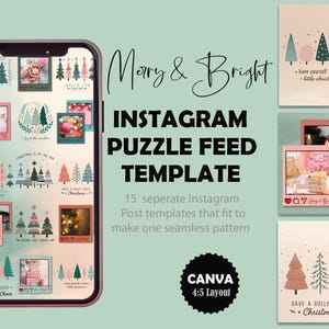 May include: An Instagram puzzle feed template with Christmas designs is shown on a phone. The template includes 15 separate post templates to create a seamless pattern. Text includes "Merry & Bright" and "Instagram Puzzle Feed Template".
