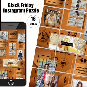 May include: A collage of 18 Instagram posts promoting a Black Friday sale with up to 70% off. The posts feature images of clothing, accessories, and text overlays with sale details and quotes about fashion.