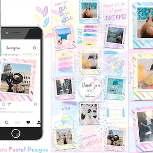 May include: A collection of pastel-colored Instagram story templates with various designs and text overlays. The templates feature stripes, polka dots, watercolor backgrounds, and motivational quotes like "Believe in Yourself" and "Never Let Go of Your Dreams".