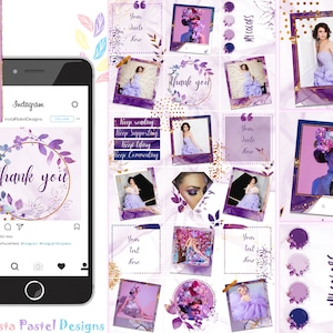May include: A collection of Instagram templates in shades of purple, featuring floral designs, quotes, and images of women in elegant gowns. The templates include text fields and color palettes, with the Canva logo visible.