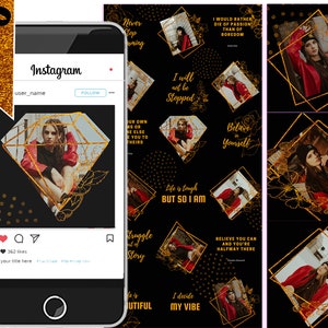 Black and Gold Instagram Puzzle Feed Template | Canva Instagram Grid Template |18 posts