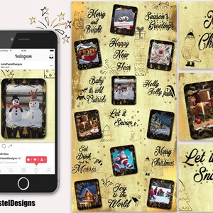 May include: A collage of images with a vintage Christmas theme. The images include snowmen, a Christmas tree, a fireplace, and a winter scene. The text in the images includes "Merry and Bright", "Baby it's cold outside", "Eat Drink and Be Merry", "Happy New Year", "Season's Greetings", "Holly Folly", "Let it Snow", "Joy to the World", and "Merry Christmas".