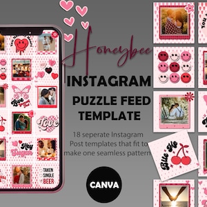 May include: A pink and red Instagram puzzle feed template with 18 separate posts. Each post features a different image or graphic, including hearts, cherries, butterflies, and smiley faces. The text "Honeybee Instagram Puzzle Feed Template" is displayed at the top of the image.