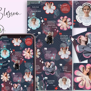Pode incluir: Uma colagem de imagens com fundo azul escuro e formas de flores rosa e vermelhas. As imagens apresentam mulheres com diferentes roupas e penteados. O texto "O amor é a única força capaz de transformar um inimigo em um amigo" está incluído na colagem.