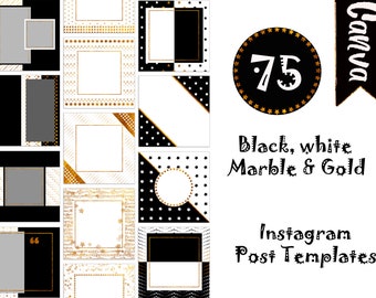 Gold Star Instagram Post Templates and Highlight Covers | Black White and Gold Canva Instagram Templates | 75 Posts