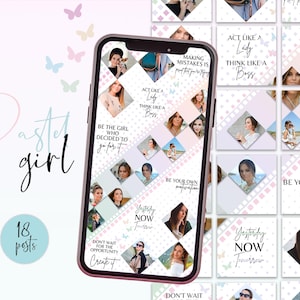 May include: A digital collage of 18 Instagram post templates featuring a pastel color scheme with a geometric pattern. The posts include inspirational quotes such as "Be the girl who decided to go for it" and "Yesterday, Now, Forever".