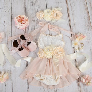RTS - Eerste verjaardag Outfit Set, Blush Roze en Ivory Romper Set, Baby 1e Verjaardag Set