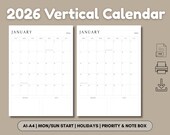 2026 Vertical Calendar | Minimalist Wall Planner with Notes and Priorities | Monday & Sunday Start Printable