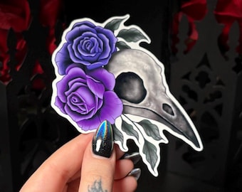 Raven Skull & Roses Sticker | Glossy Waterproof Vinyl Sticker, Holographic or Glitter