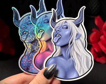 Demon Girl Devil Sticker | Glossy Waterproof Vinyl Sticker, Holographic, or Glitter | Gothic | Dark Fantasy Art | Dark Aesthetic