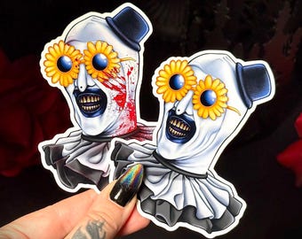 Art The Clown with Sunflower Glasses Sticker | Terrifier Inspired Horror Movie Sticker | Waterproof Vinyl Sticker | Gore | Cult Classic