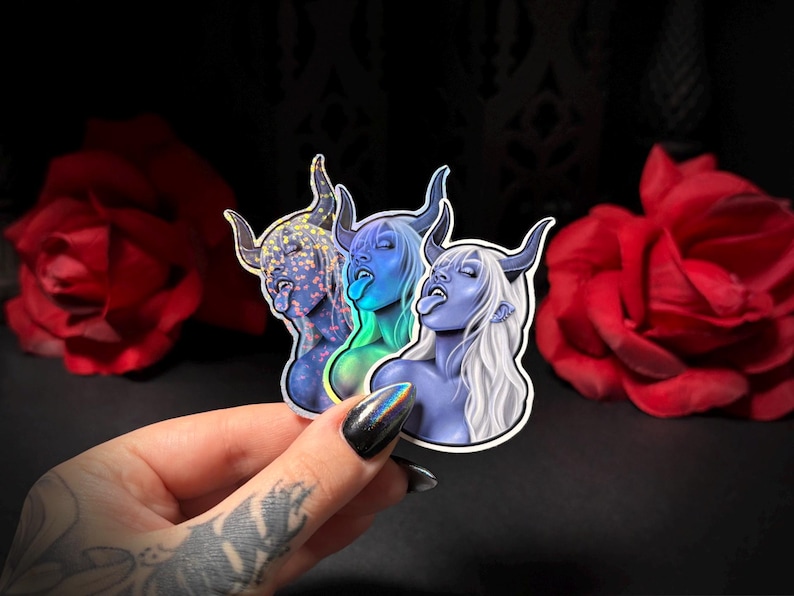 Demon Girl Devil Sticker | Glossy Waterproof Vinyl Sticker, Holographic, or Glitter | Gothic | Dark Fantasy Art | Dark Aesthetic image 2