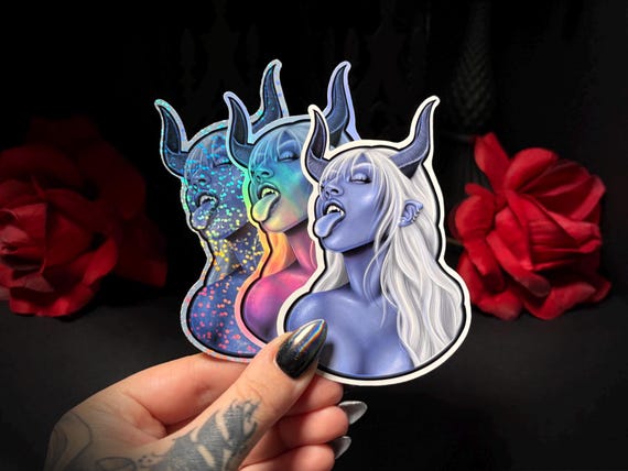 Demon Girl Devil Sticker | Glossy Waterproof Vinyl Sticker, Holographic, or Glitter | Gothic | Dark Fantasy Art | Dark Aesthetic