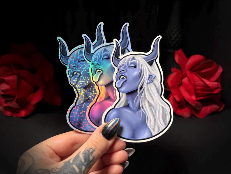 Demon Girl Devil Sticker | Glossy Waterproof Vinyl Sticker, Holographic, or Glitter | Gothic | Dark Fantasy Art | Dark Aesthetic image 1