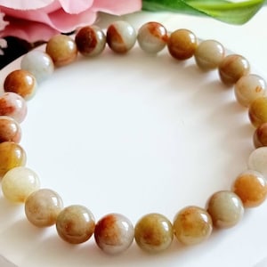 Premium Rare Find Golden Jadeit Armband | Natürlicher Burma Typ A Jadeit | Perlen 7,6mm| Passform 15,5-16,5cm Handgelenk | Gratis DIY Kit | Urlaubsgeschenk