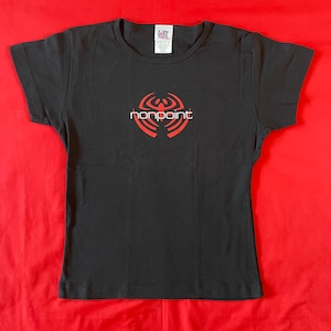 May include: Black short-sleeved t-shirt with a red and white logo that says "nonpoint" on it.