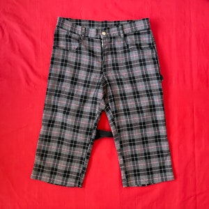 VTG Super Low Fat Pink Gray Black Plaid Bondage Capri Short Pants with Straps