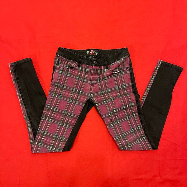 Royal Bones by Tripp NYC Red Plaid Front and Black Back Mall Goth Emo Skinny Jean Pants Size 5