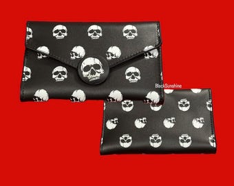 Cartera emo gótica blanca y negra con estampado de calavera