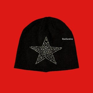 Giant Rhinestone Star Emo Goth Black Beanie