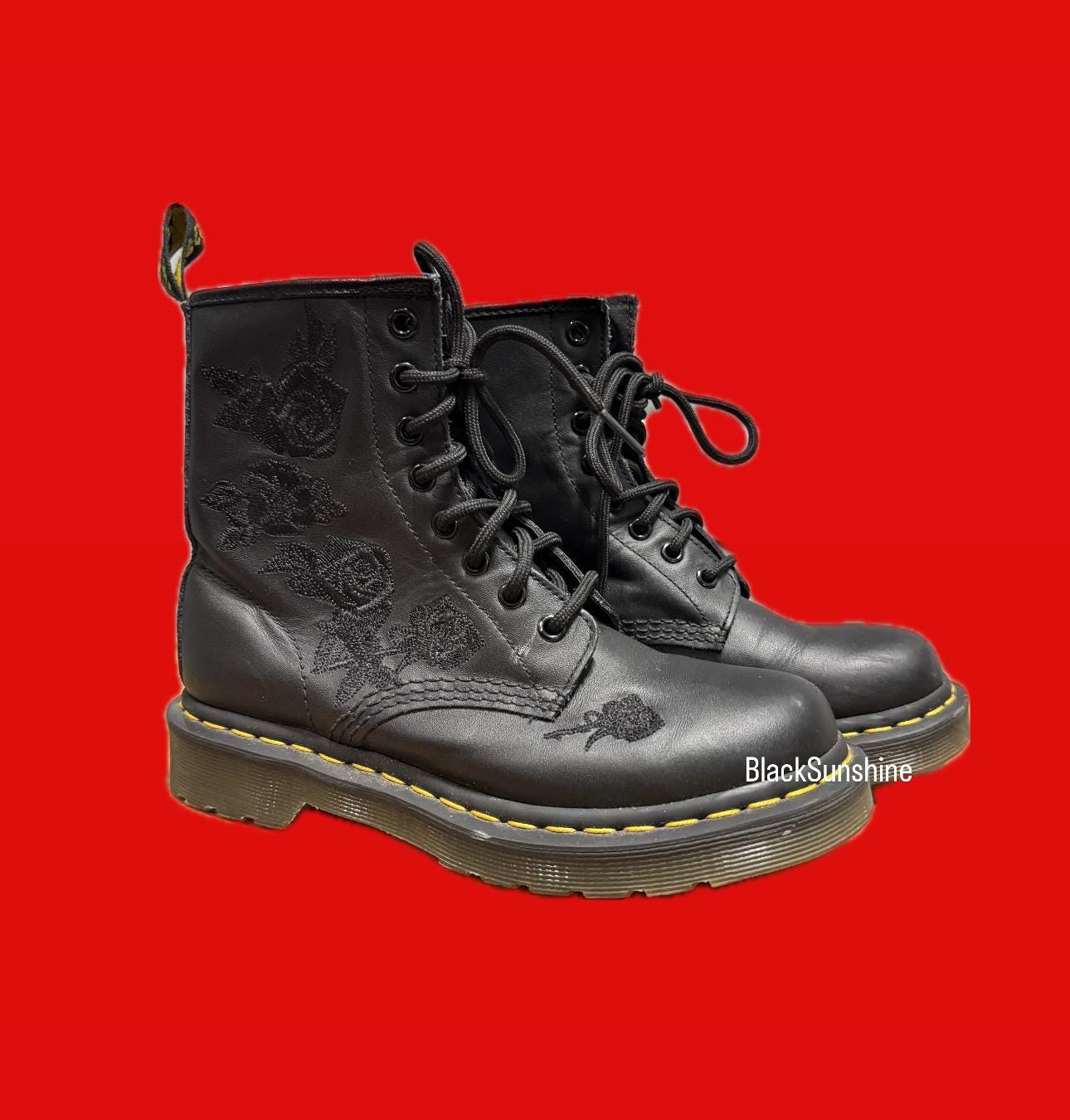 Dr Martens 1460 Vonda Mono Floral Leather Lace up Black Boots Size