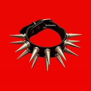 Long Spike 2 Row Buckle Vegan Leather Wrist Cuff Bracelet