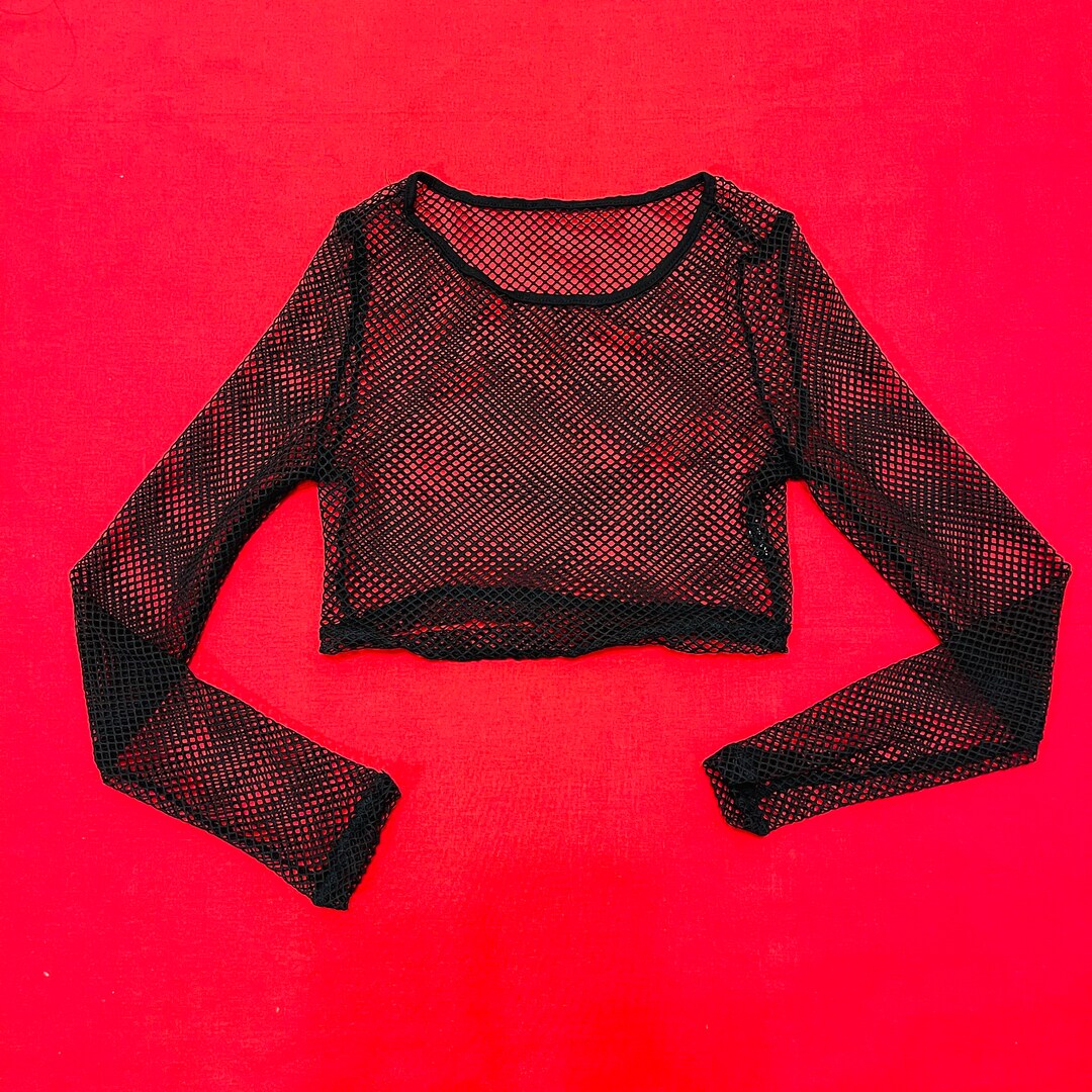 Black Long Sleeve Mesh Crop Top Etsy