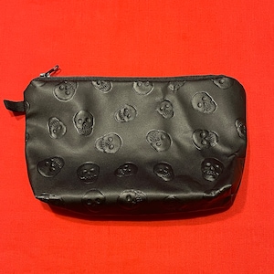 Skull Print Black Matte Embossed Cosmetic Pouch Toiletries Bag with Zipper