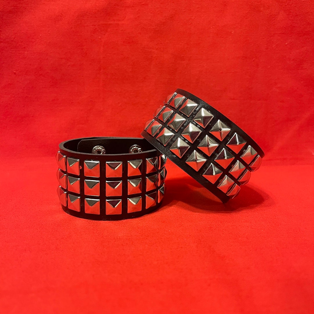 3 Row Pyramid Spike Emo Goth Alt Wristband Snap Button